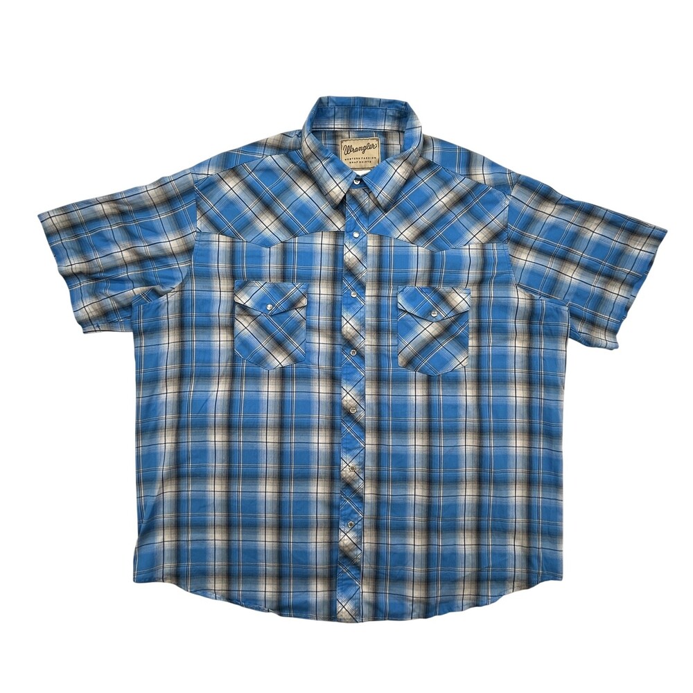 Wrangler Shirt Mens 2XL Western Plaid Snap Pearl Pockets Blue WM162BL Rodeo